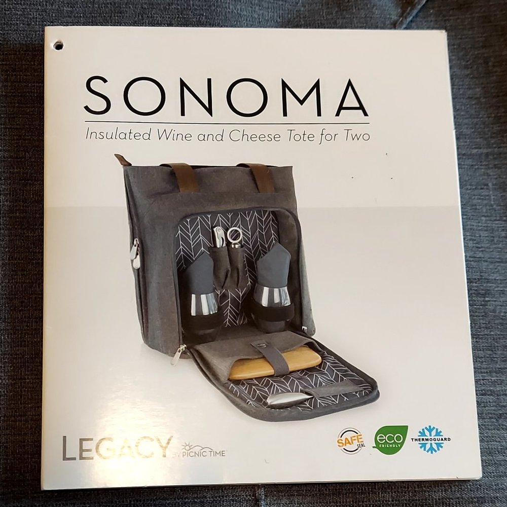 NWT Insulated Wine Bag w/cutting board, 2 glasses, opener, knife, napkins for 2